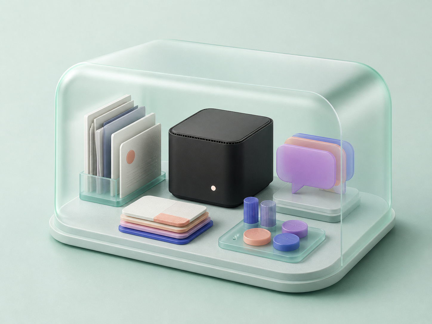 Abstract private AI workspace with documents and coaching modules kept inside a protected local boundary